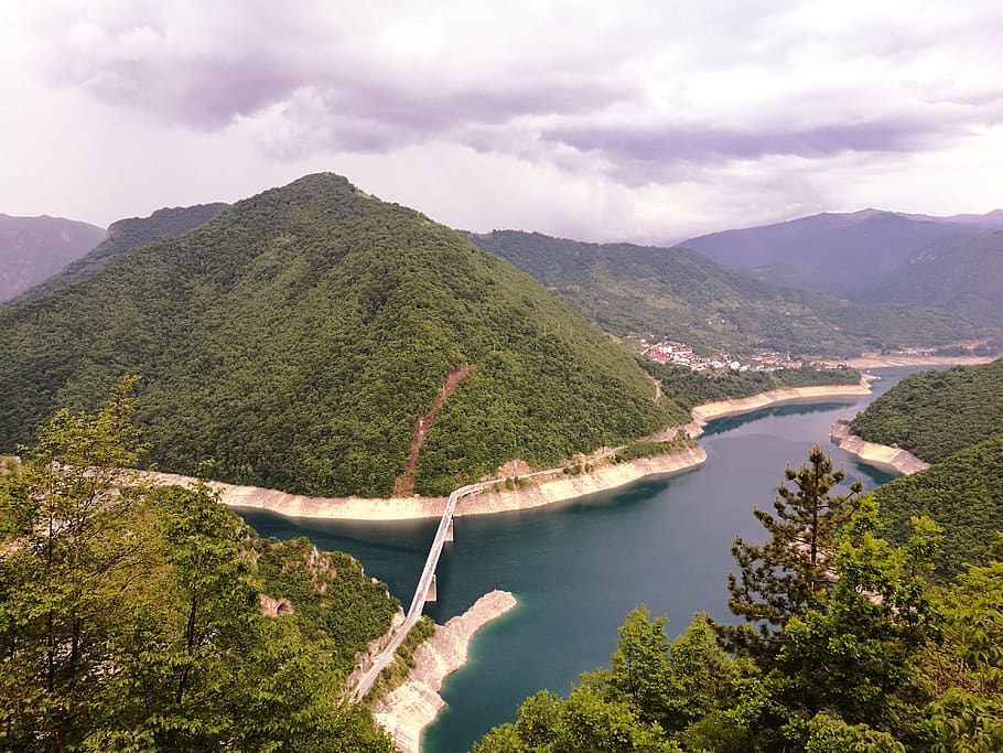 montenegro, lake, bridge, trees, water, village, muntenegro HD wallpaper