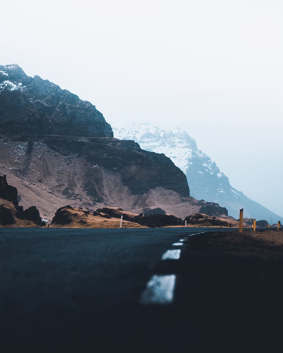 black concrete pavement, mountain, road, asphalt, snow, fog, mist HD wallpaper