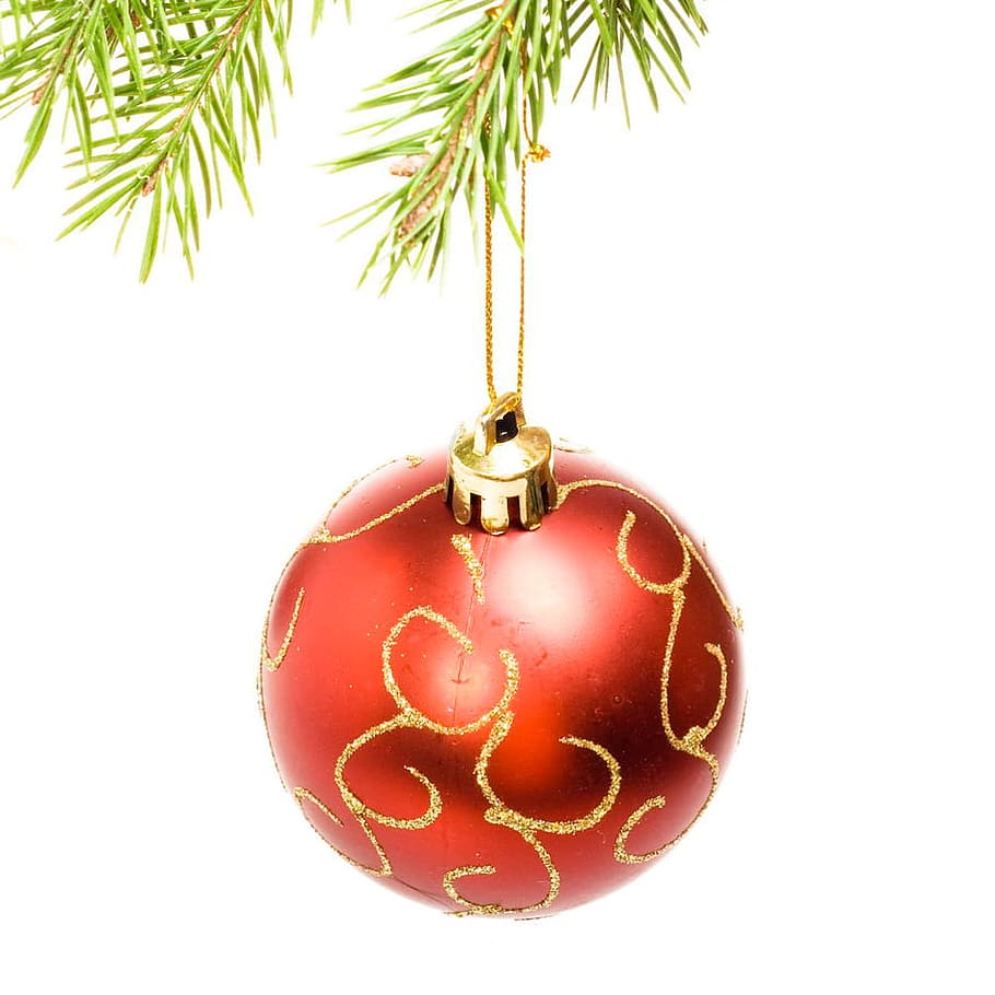 ball, bauble, red, branch, celebrate, christmas, close-up, closeup HD wallpaper