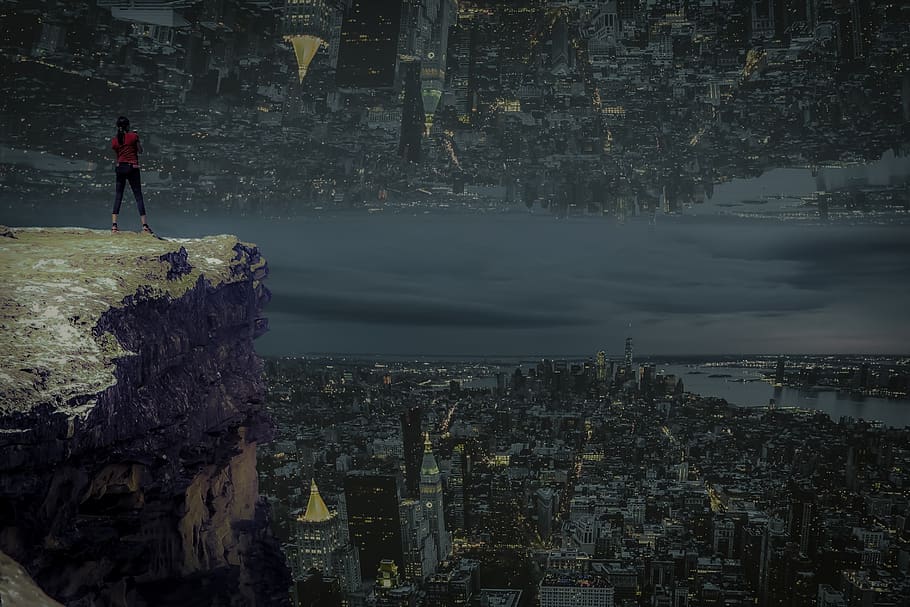 landscape, upside down, city, building, fantasy, hill, sky HD wallpaper