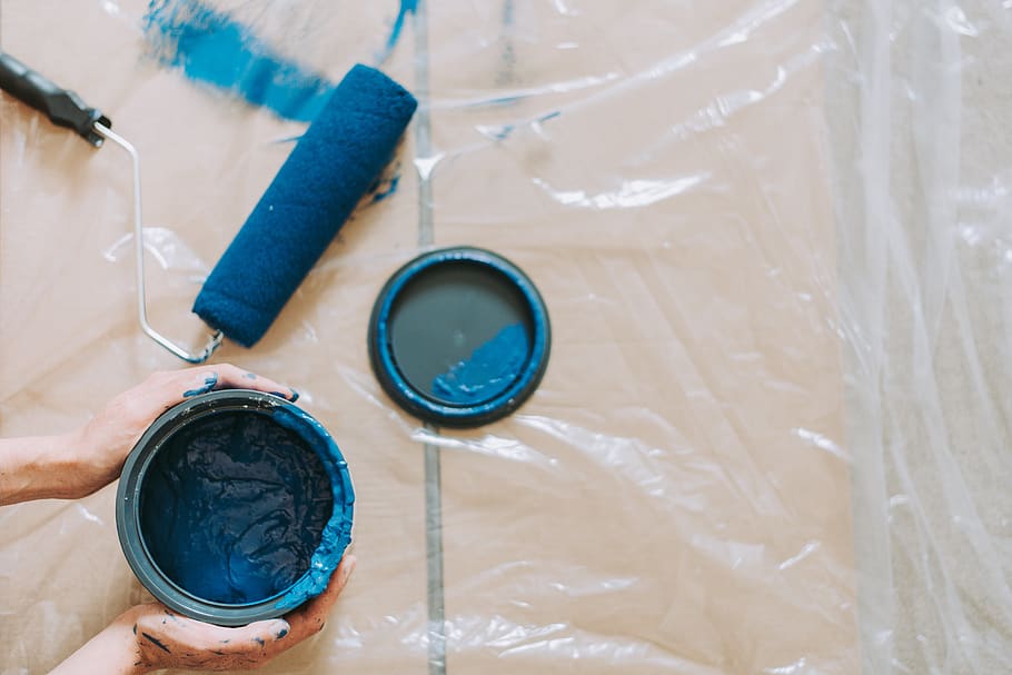 Blue Paint Beside Blue Paint Roller, brush, color, container