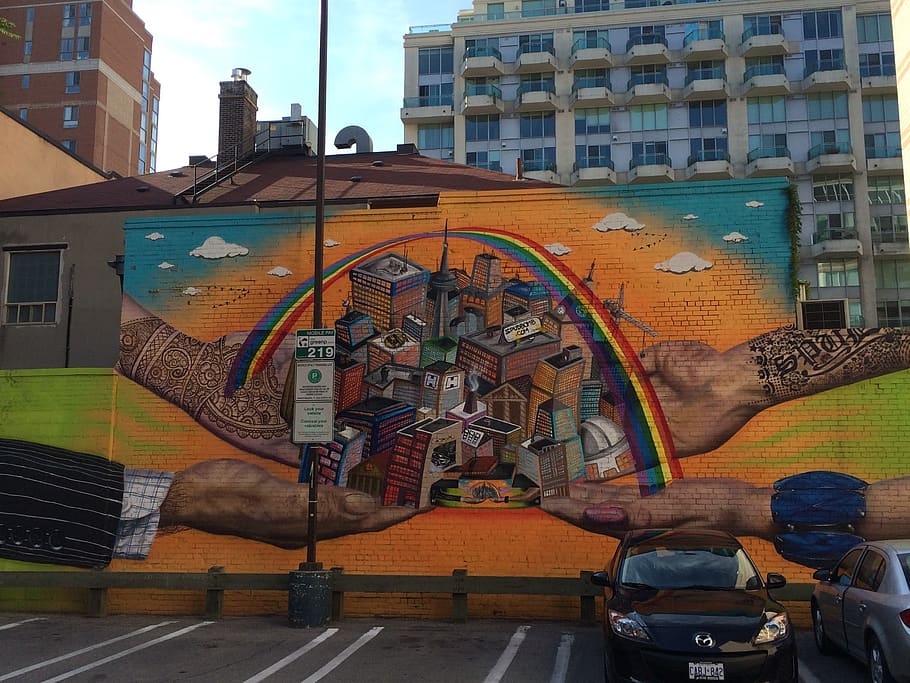 canada, toronto, graffiti, help, hands, rainbow, built structure, HD wallpaper