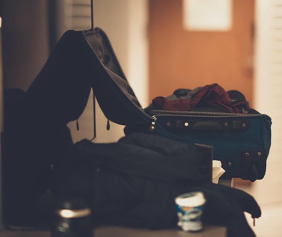 Blue Travel Luggage, clothes, indoors, shoe, one person, sitting HD wallpaper