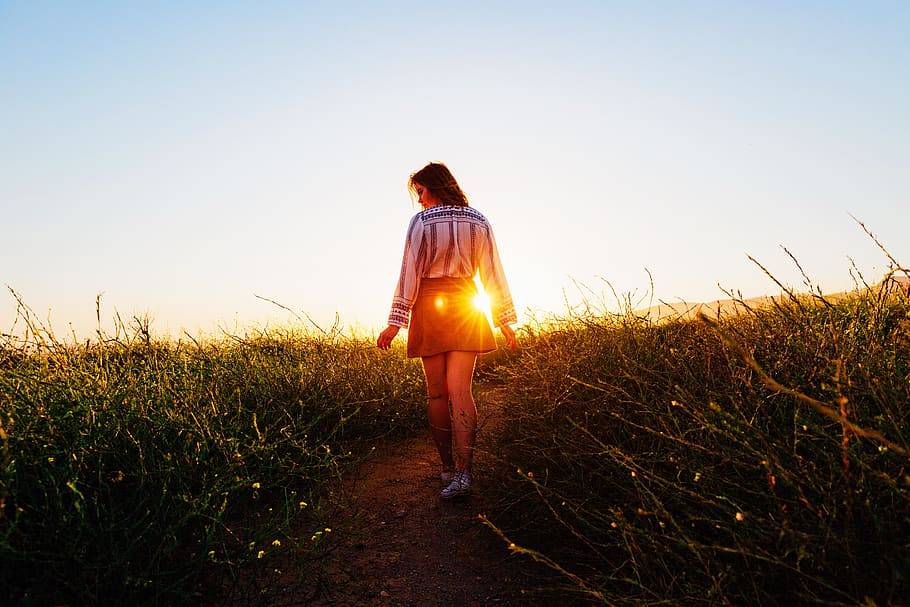 walking, flare, light, person, human, nature, field, united states HD wallpaper