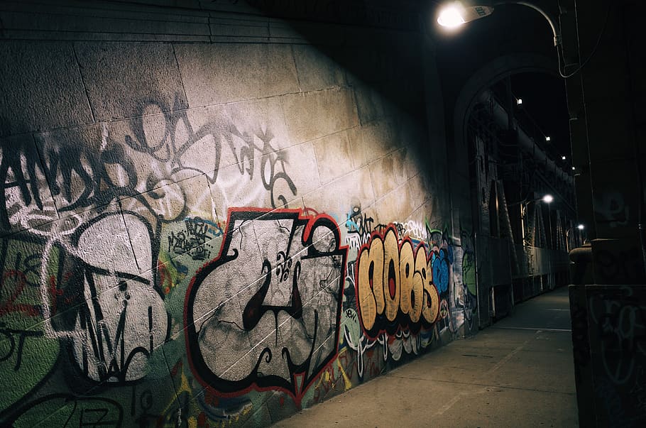 united states, new york, manhattan bridge, graffiti, night