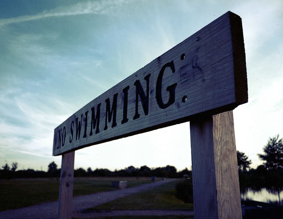 Brown and Black Wooden No Swimming Signage, clouds, daytime, field HD wallpaper