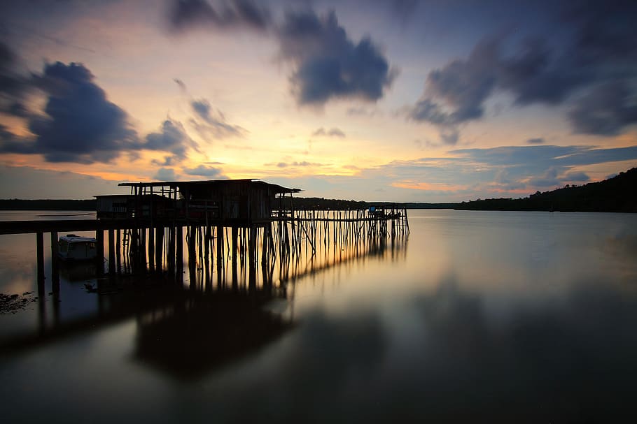 Silhouette of Wooden House and Walkbridge on Water, clouds, dawn HD wallpaper