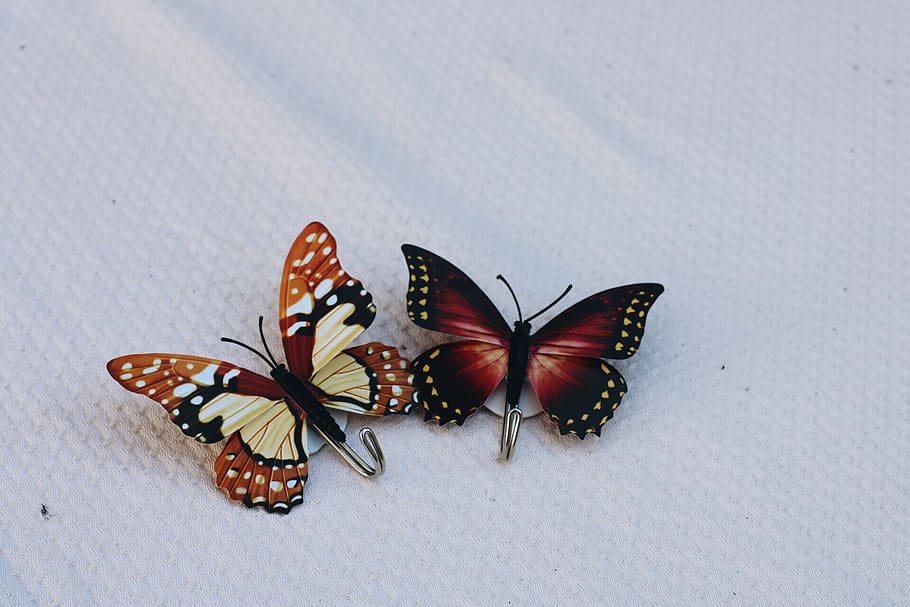 Brown and Black Butterfly Shower Curtain Hooks on White Linen HD wallpaper