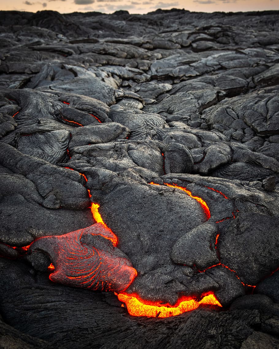 red lava, rock, volcano, nature, landscape, horizon, hot, fire, HD wallpaper