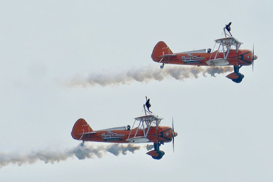 two biplane on flight, air vehicle, flying, airplane, mode of transportation HD wallpaper