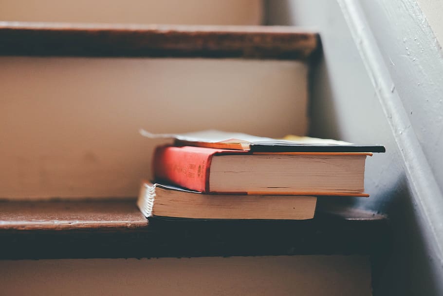 2 Book on Brown Wooden Stair, books, education, indoors, knowledge HD wallpaper