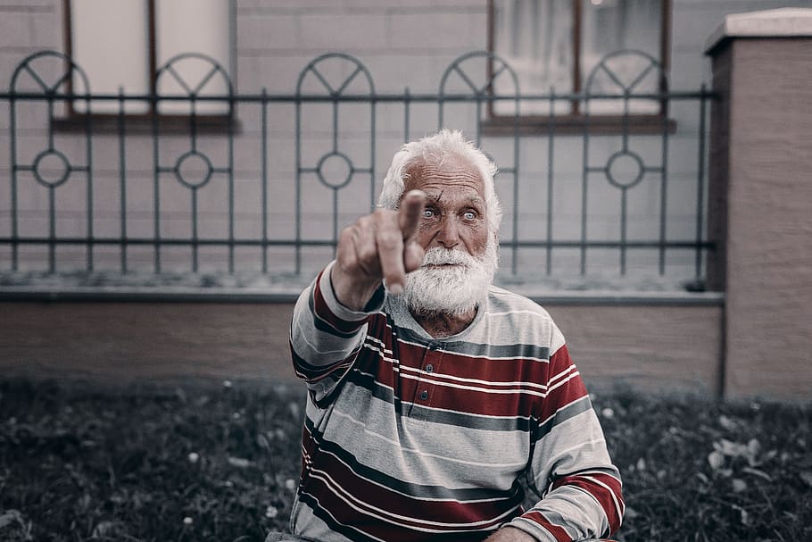old man, male, point, hand, fashion, style, fence, wall, outdoors HD wallpaper
