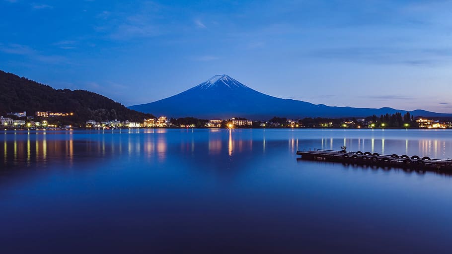 mount Fuji at night time, 富士山, 富士河口湖, japan, lake