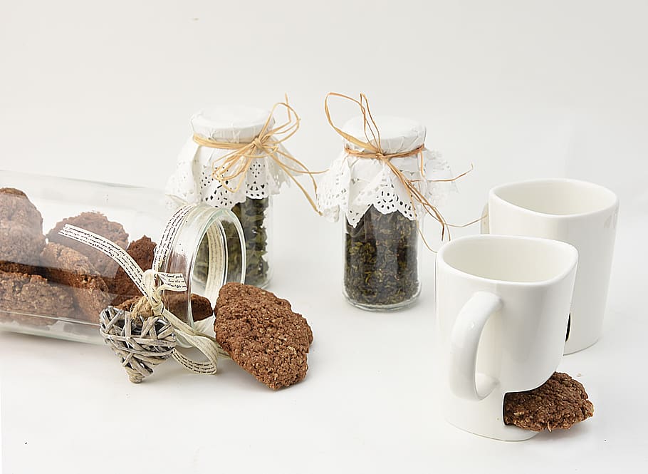 cookie, cookies, jar, cookie jar, white cup, tea leafs, food and drink HD wallpaper