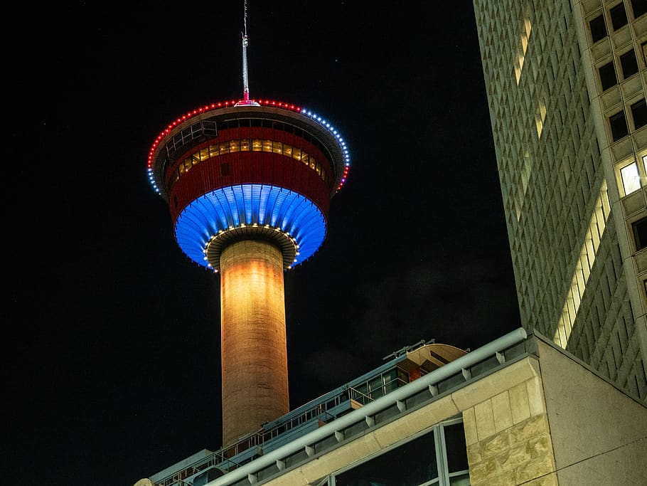 blue and red tower during nightime, architecture, building exterior HD wallpaper