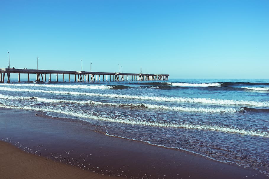 pier, beach, sand, shore, water, ocean, sea, waves, sunshine HD wallpaper