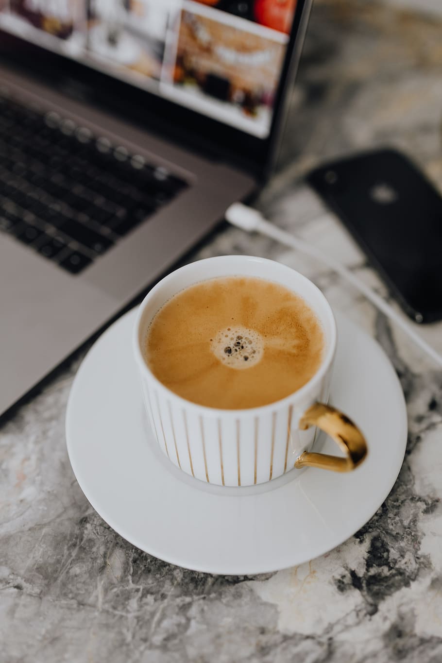 Coffee in a cup on a marble desk, workspace, workplace, cup of coffee HD wallpaper