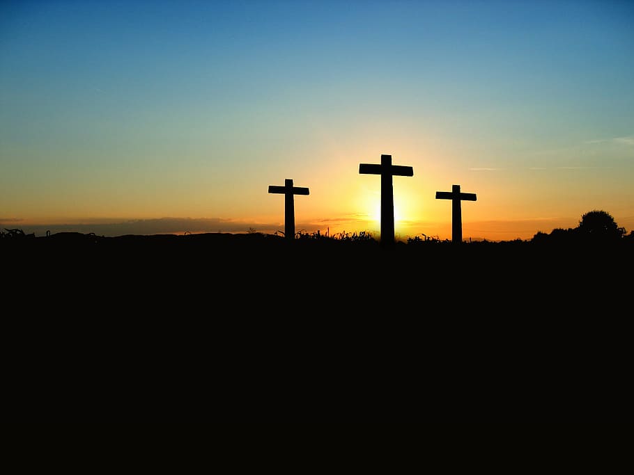 Silhouette Photo of 3 Cross Under the Blue Sky, christianity