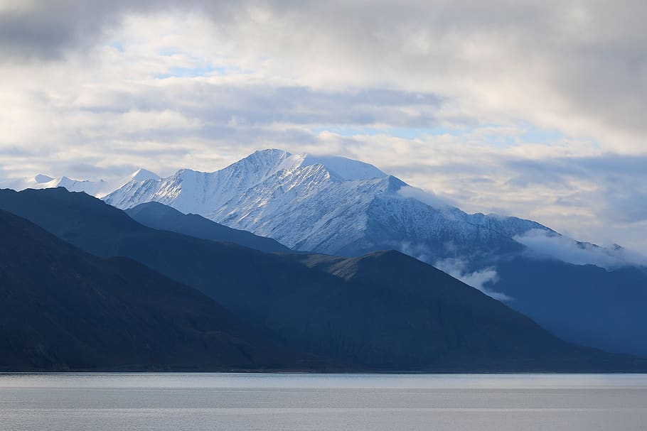 snow, peak, hill, pangong, lake, water, dark, shadow, nature HD wallpaper
