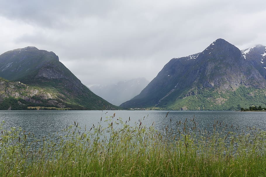 norway, fiord, mountains, grass, fjord, water, landscape, clouds, HD wallpaper