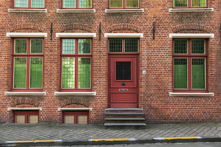brick, door, walkway, path, window, belgium, brugge, building HD wallpaper