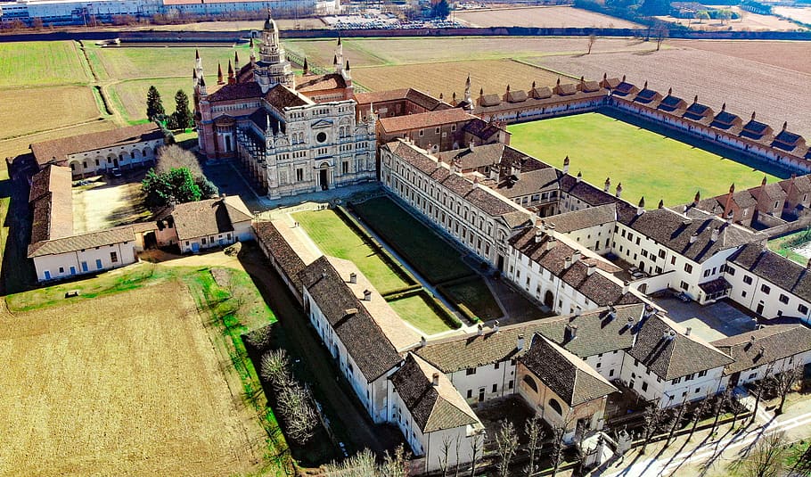 certosa di pavia, monastery of santa maria delle grazie, aerial view, HD wallpaper