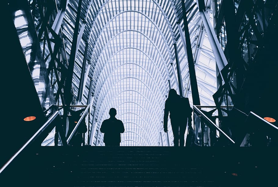 Man and Woman Walking on Stair, airport, architecture, building HD wallpaper