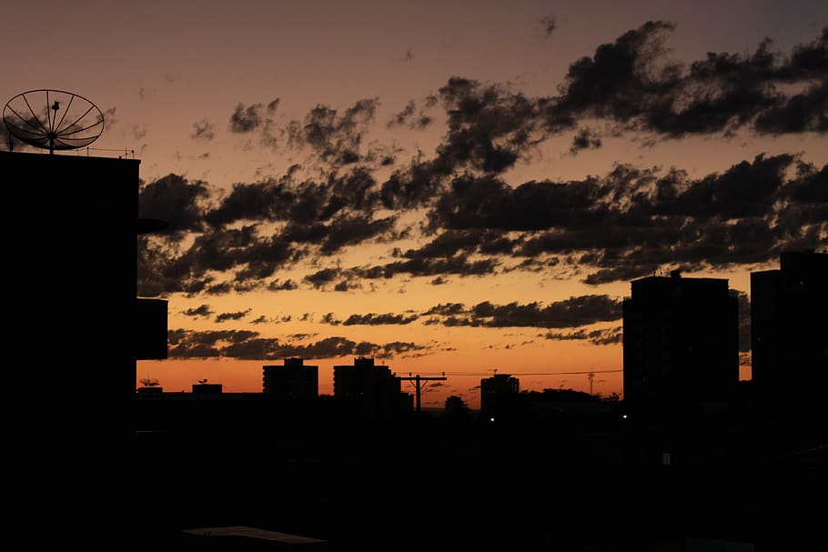 sky, sunset, buildings, clouds, city, shadow, landscape, orange HD wallpaper