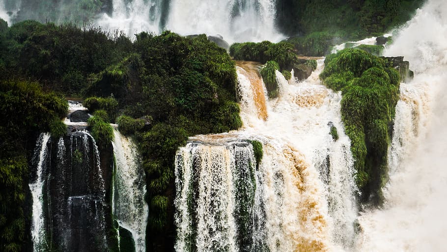 overflowing river on forest, waterfall, long exposure, flowing water HD wallpaper