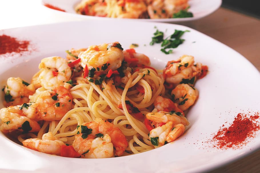 Pasta and Prawns, food and Drink, seafood, shrimp, shrimps, plate