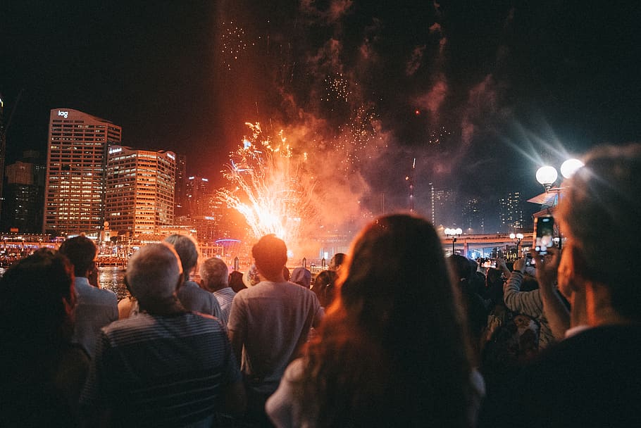 people watching fireworks display, group of people, celebration HD wallpaper