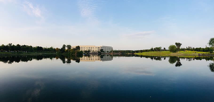 lake, sky, reflection, water, architecture, nature, built structure HD wallpaper