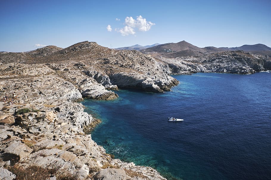 greece, paros, summer, boat, coast, coastline, blue, clouds, HD wallpaper