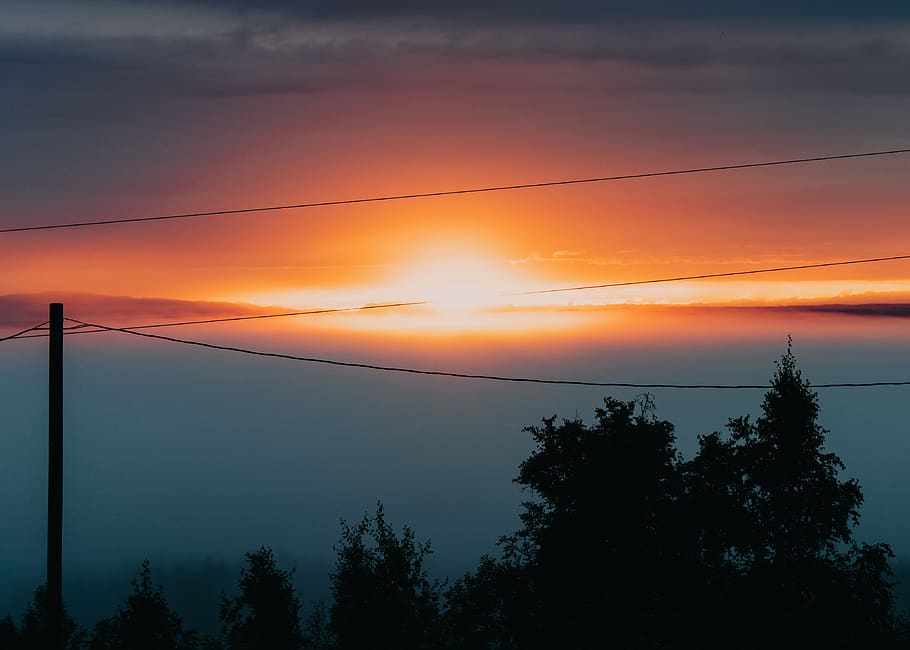 sunset, fog, clouds, sky, landscape, trees, alaska, outdoors HD wallpaper