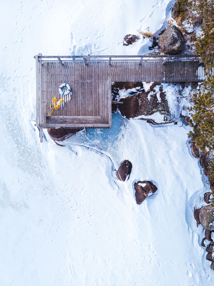 brown wooden dock, nature, outdoors, snow, ice, shelter, rural HD wallpaper