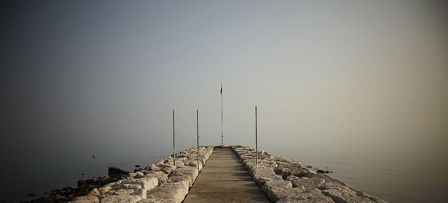 pathway, venice, lido, waters, mist, fog, twilight, blue, the way forward HD wallpaper