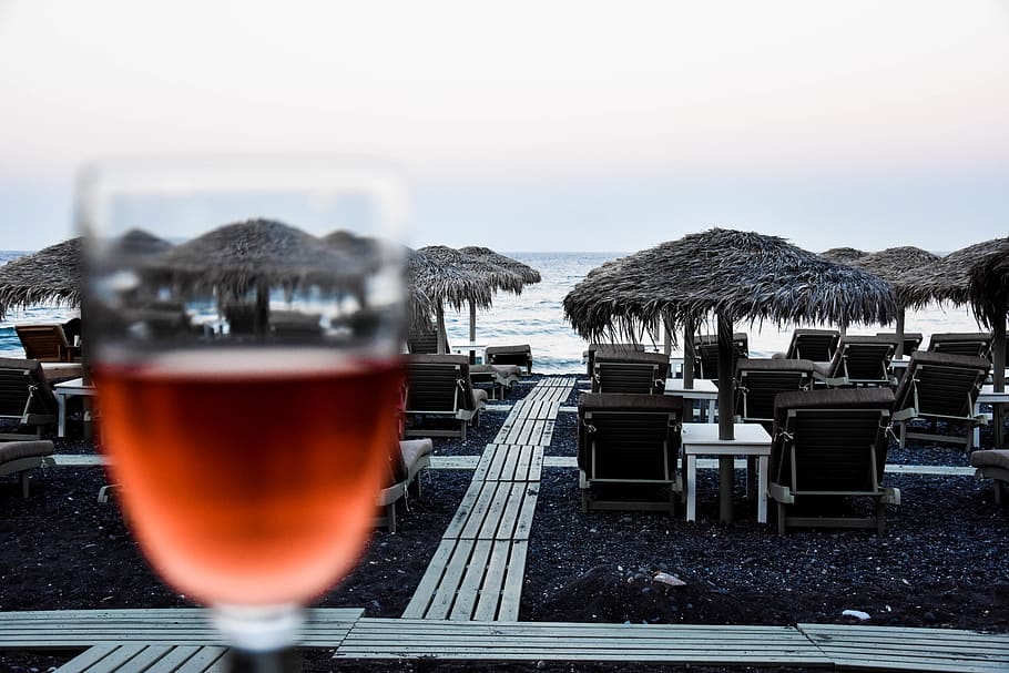 greece, kamari, wine, waves, blur, beach, rose, santorini, glass