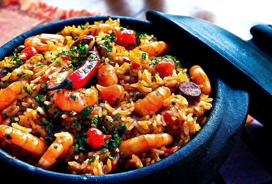 Spanish paella, chili, chorizo, dinner, rice, saffron, seafood, HD wallpaper