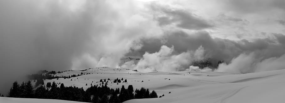 clouds, panorama, winter, snow, landscape, nature, snow landscape HD wallpaper