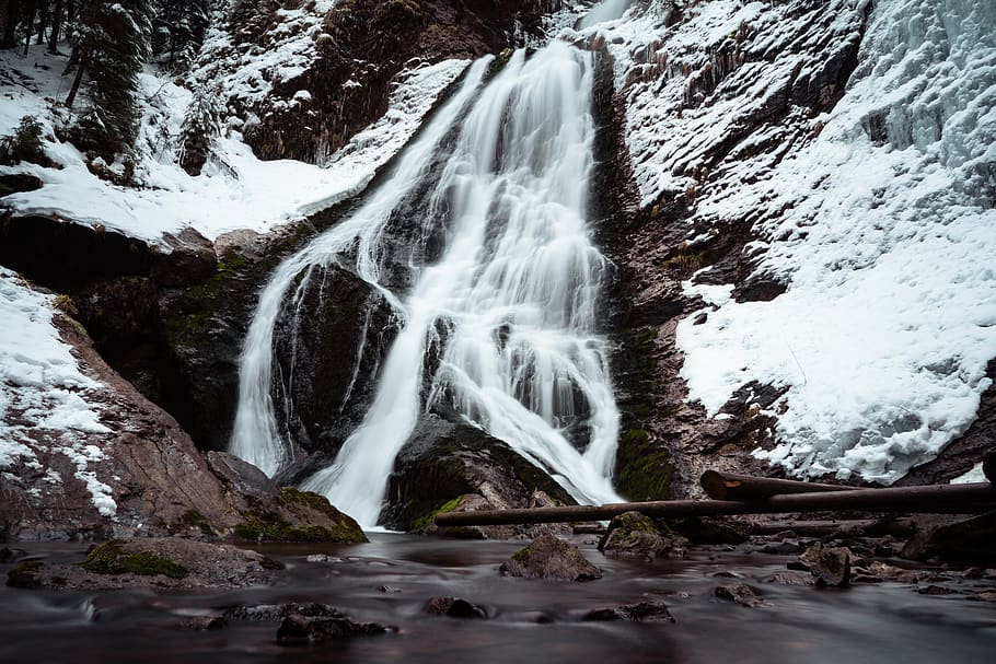 Waterfalls, cascade, cold, flow, nature, scenic, snow, stream HD wallpaper