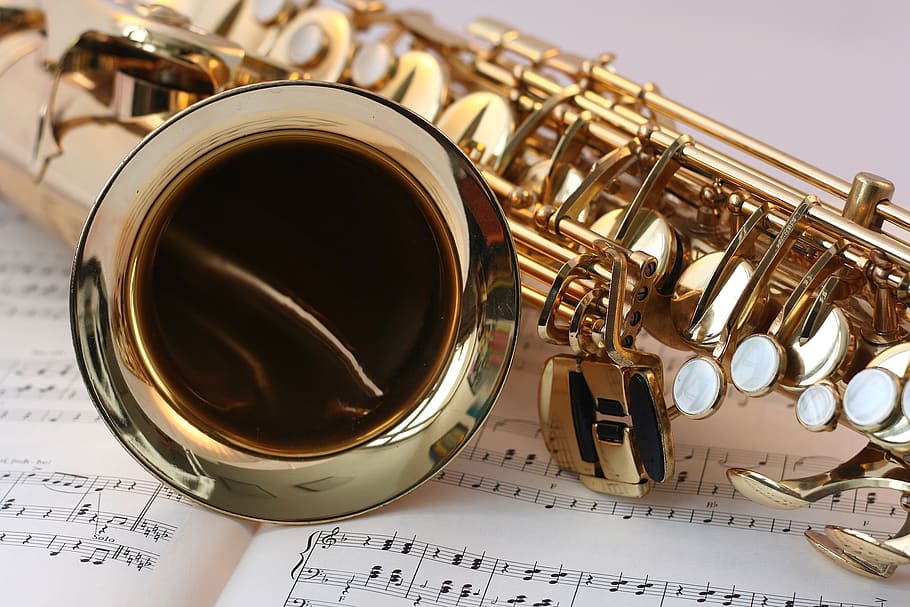 Gold Saxophone, brass, classic, classical music, close-up, gloss