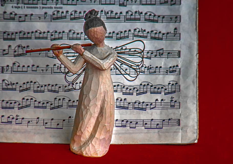 angel, music, figure, flute, notenblatt, wing, decoration, instrument, HD wallpaper