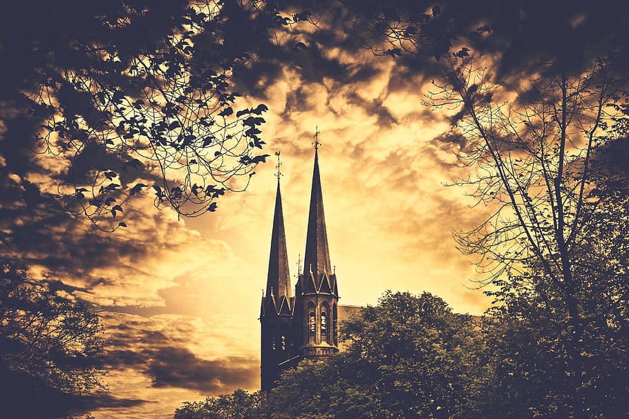 2 Spire Building and Trees Painting, architecture, clouds, dawn HD wallpaper