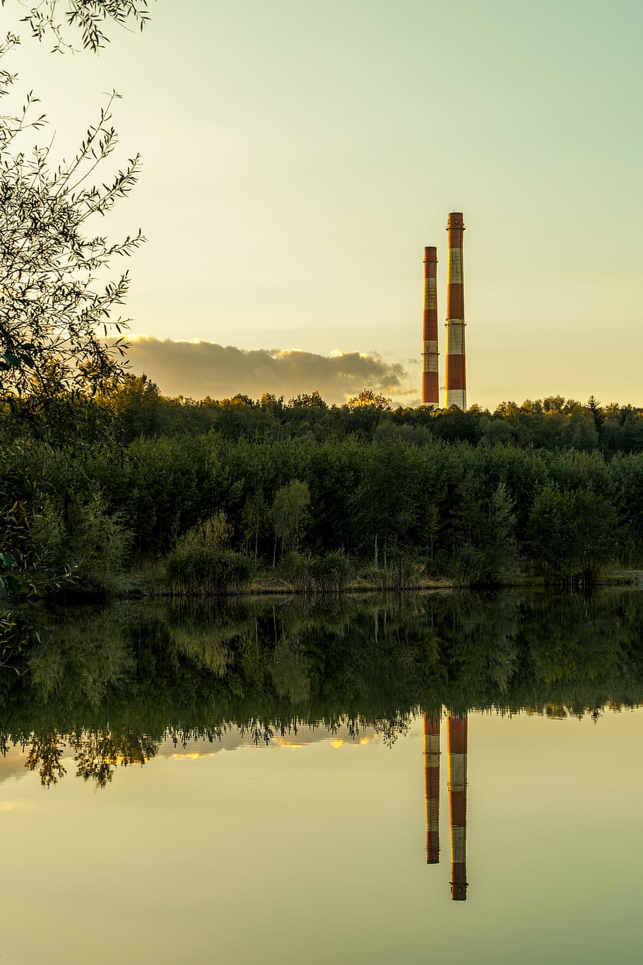 chimney, pond, forest, plant, sky, tree, nature, built structure HD wallpaper