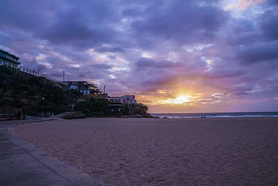 Beach Shore, clouds, evening, golden hour, horizon, houses, landscape HD wallpaper