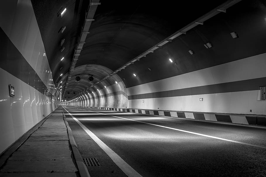 Grayscale Photography of Empty Tunnel, black-and-white, blur