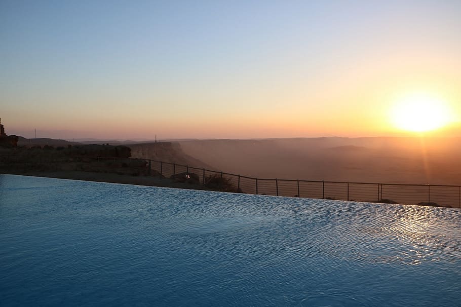 sunset, pool, hotel, resort, evening, water, sky, bridge, beauty in nature HD wallpaper