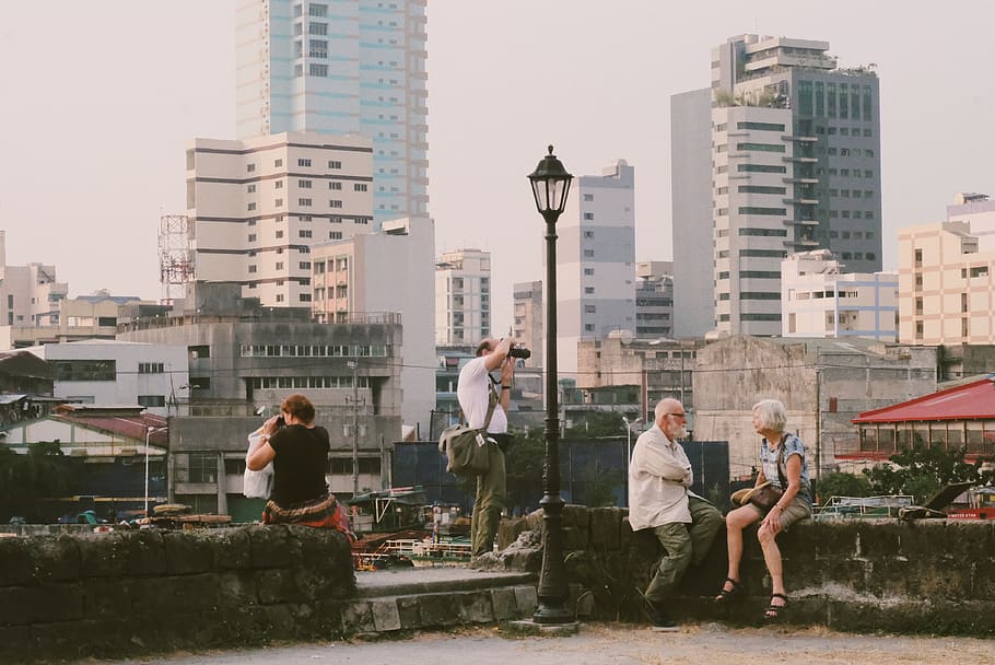 People Sitting on Railing, adults, architectural design, architecture HD wallpaper