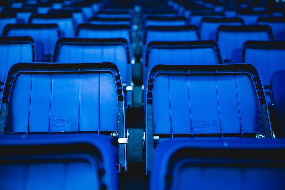 Blue Plastic Chairs, depth of field, empty, row, seats, stadium, HD wallpaper