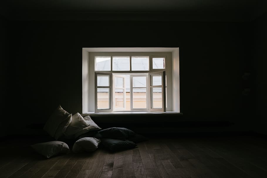 opened glass window, dark, sunlight, wooden, pillow, architecture HD wallpaper
